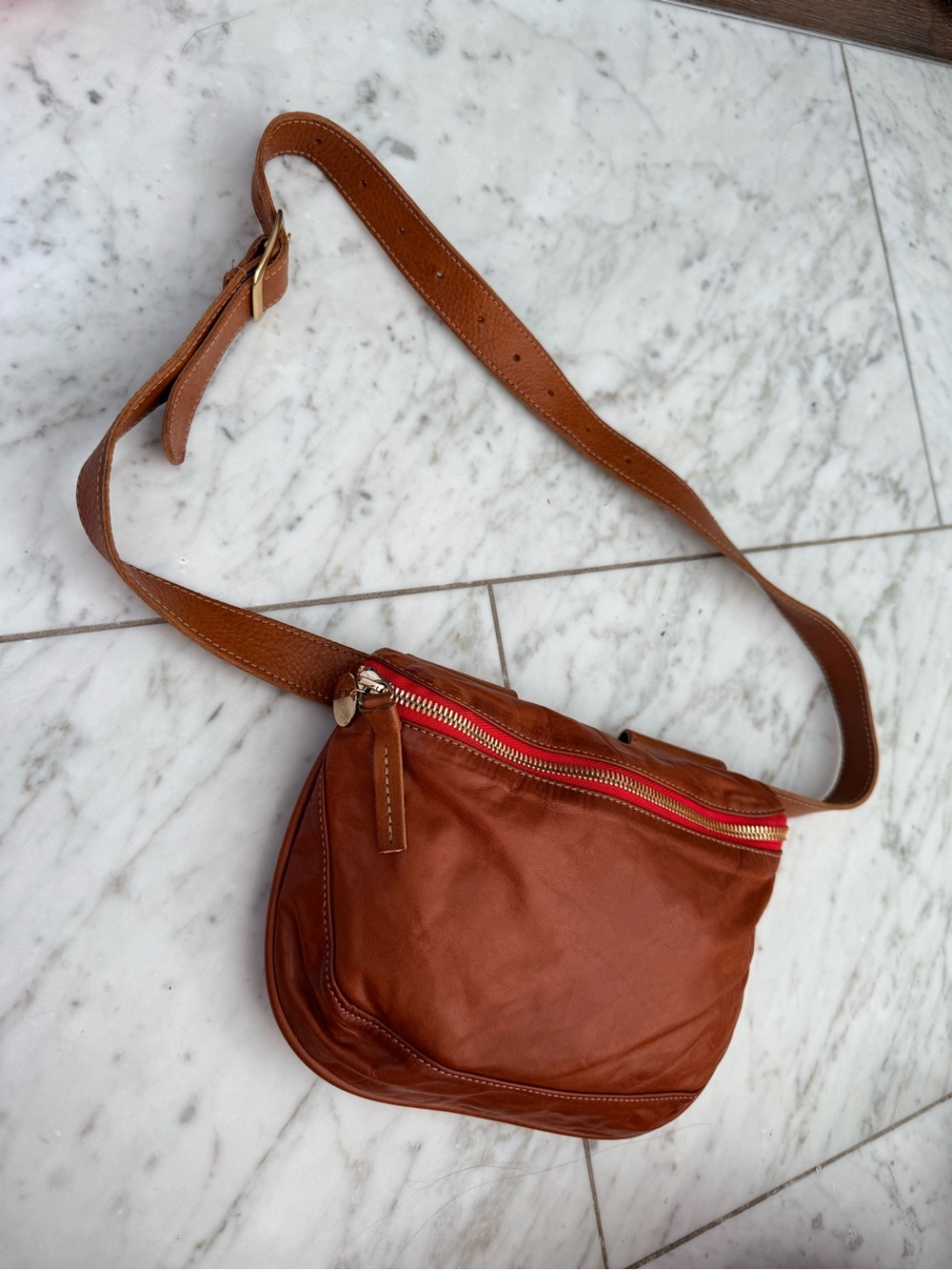 Leather Crossbody Belt Bag in Cognac
